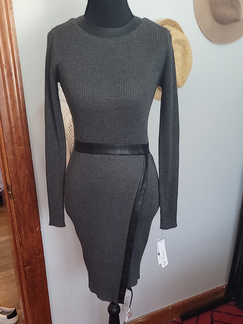 BCX Dress Charcoal Ribbed Long-Sleeve Knit Dress with Faux-Leather Trim